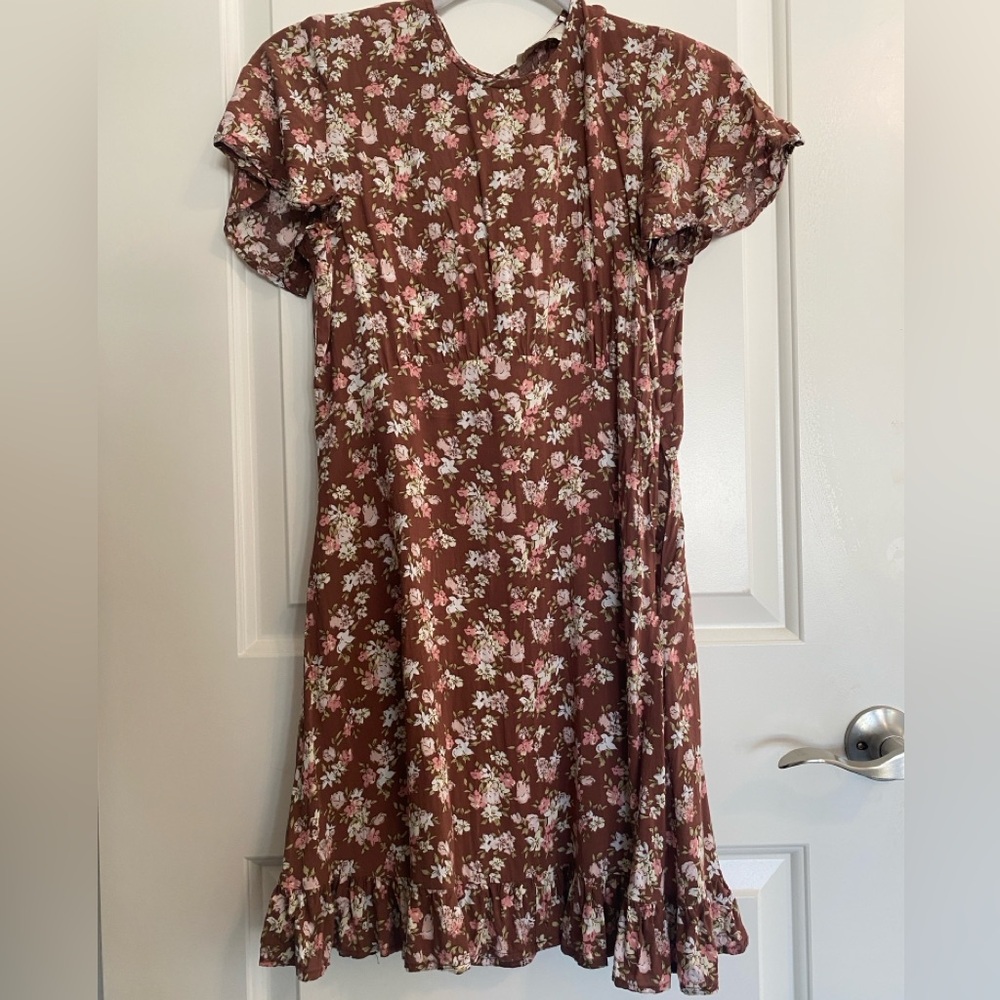 Floral Brown Dress with Ruffle Hem